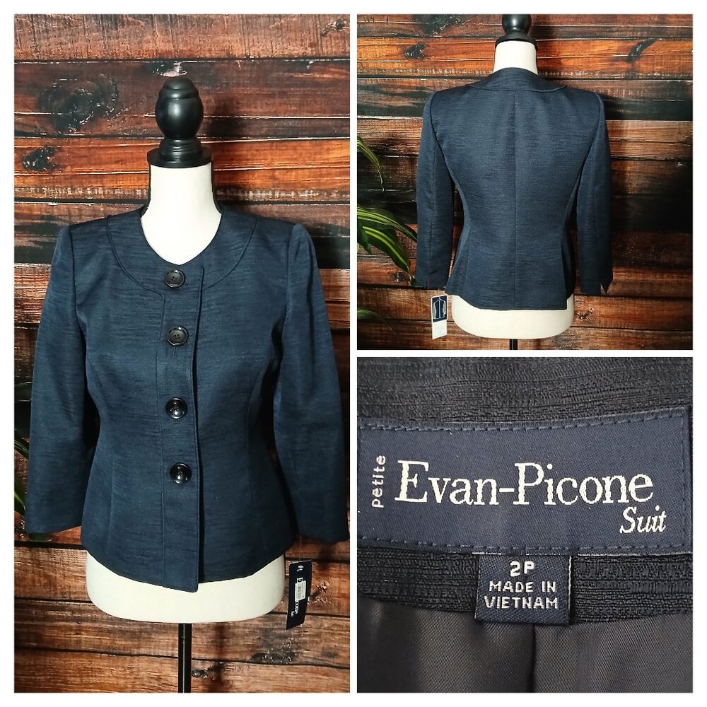 NWT Evan Picone Blazer Jacket 2 Petite Bradford Navy Blue Cropped 3/4 Sleeves